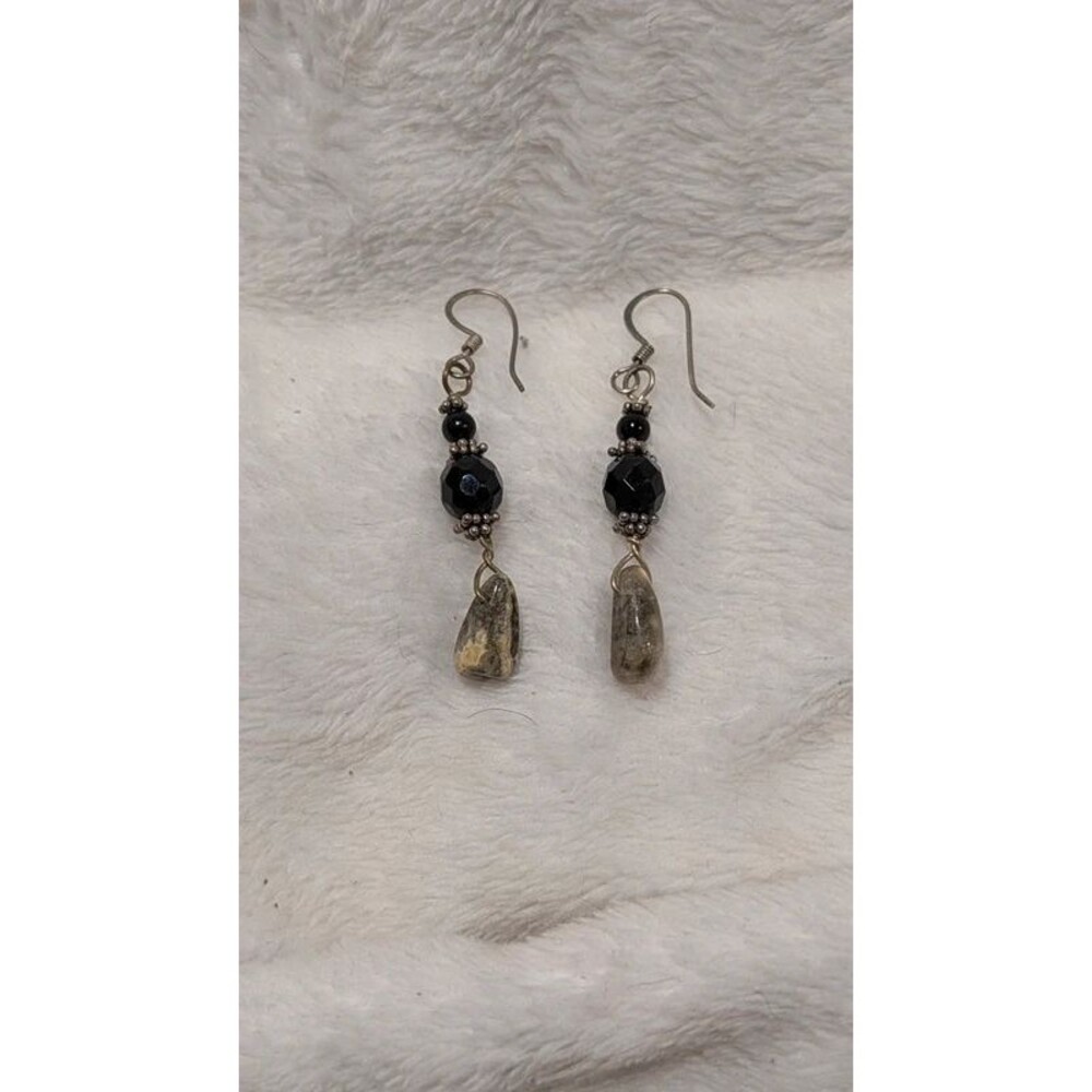 Artisan Black Beaded Natural Stone Teardrop Dangle Earrings Silver Tone Boho
